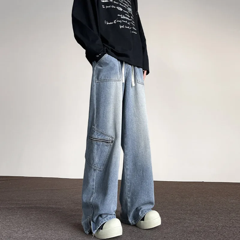 남성용 바이브 스타일 가을 워싱 지퍼 청바지, 힙합 견고한 와이드 레그 팬츠, 느슨한 스트레이트 튜브 데님 바지