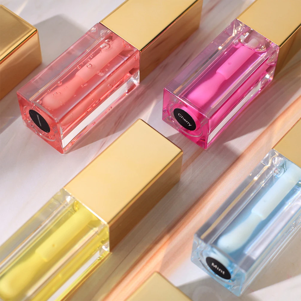 5ml marca própria 6 cores óleo labial personalizado em massa tampa dourada planta plumping bálsamo cuidados com os lábios brilho de água vidro lipgloss maquiagem vegan