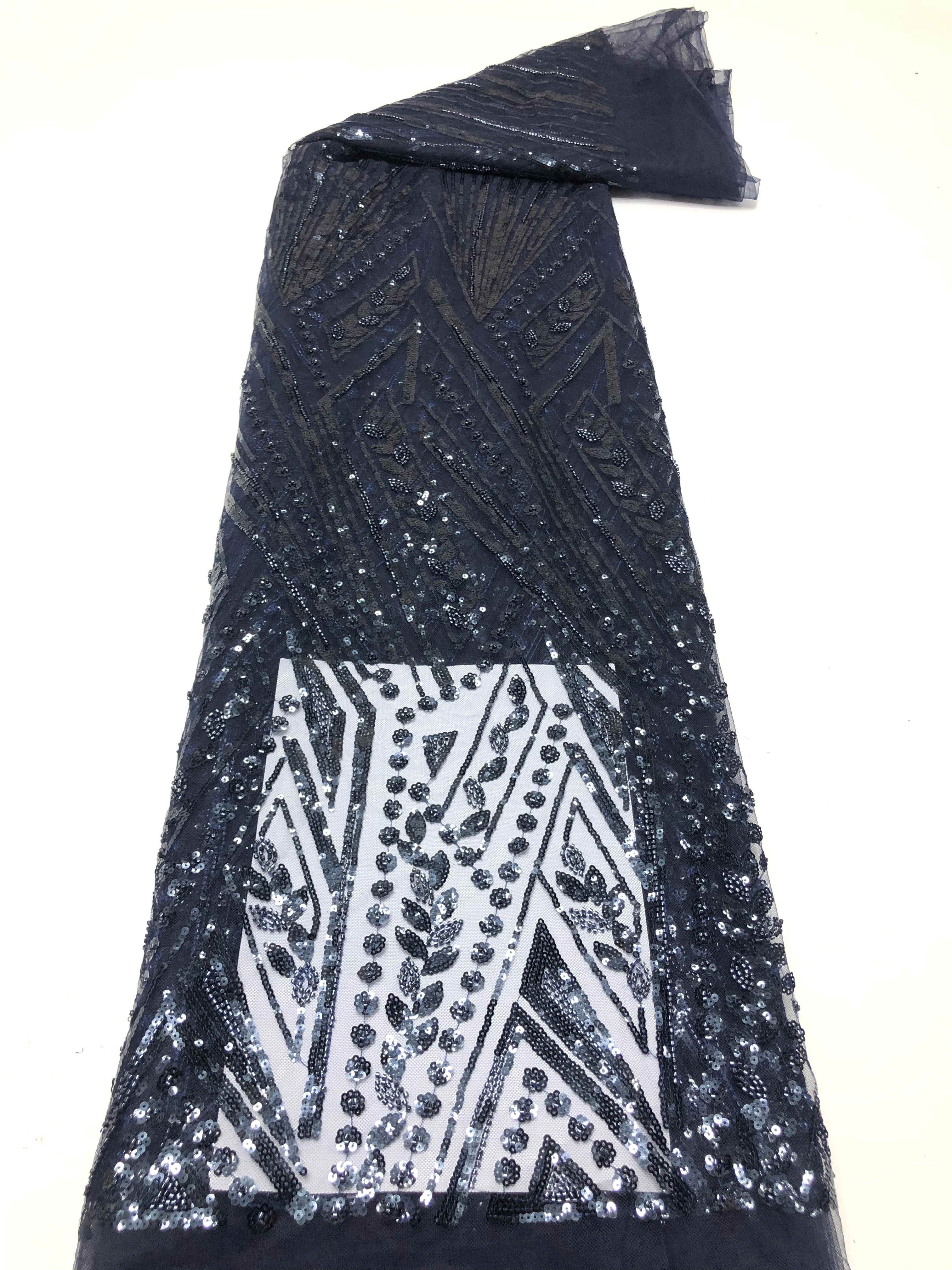 

Luxury Navy Blue African Sequins Mesh Lace Fabric 2025 French Beads Tulle Net Lace Fabric For Nigerian Bride Wedding Party Dress