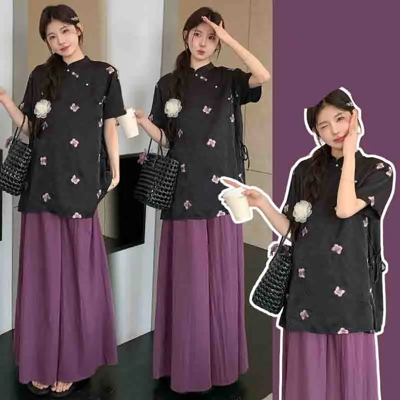 

Pregnant Woman Clothes Set 2025 New Maternity Chinese Simple Top Fashion Pants 2 Pieces Set Breathable Maternity Top LI150