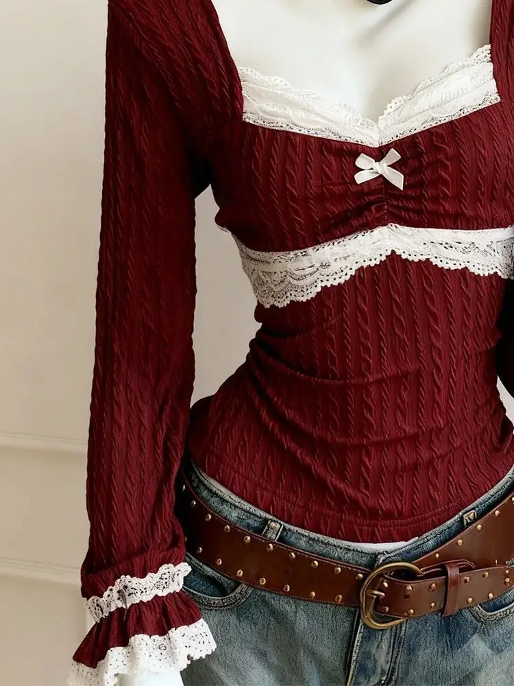 Camisetas Vintage ajustadas Y2k para mujer, camisetas cálidas de diseño francés con encaje Retro de retazos, camisetas finas de manga larga para chica 2026