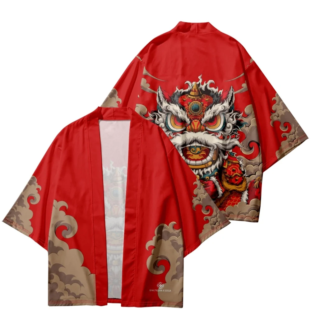 

Summer Japanese Kimono Men's Fashion New Chinese Lion 3D Printing Traditional Short-sleeved Beach Shirt Women's Cardigan Kimono