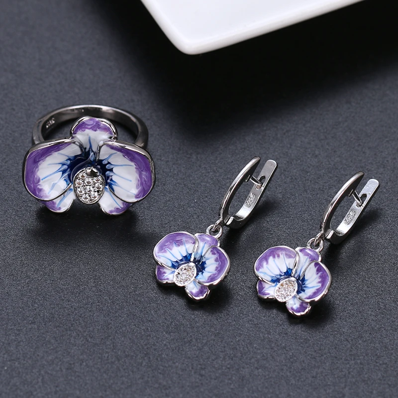 Silver Color Flower Jewelry Set for Women Enamel Silver Color Blue and White CZ Zirocn Ring Earrings Set Fashion Jewelry