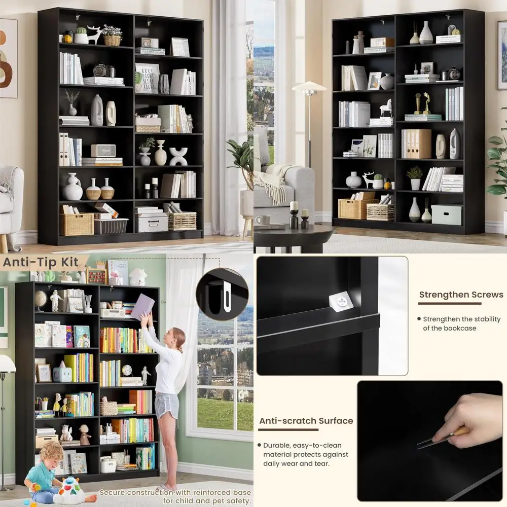 

6-Tier Black Open Shelves Bookcase with 12 Storage Spaces for Home Library Display