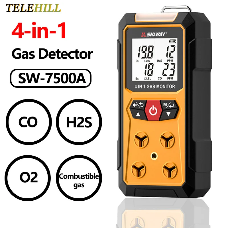 SW-7500A Gas Detector Meter 4 in 1 Oxygen O2 Carbon Monoxide CO H2S Combustible Gas Analyzer Leak Detector Sound Light Alarm