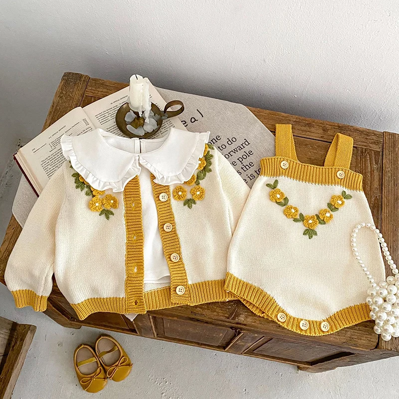 Autumn Winter Newborn Baby Girls Knitting Clothing Set Floral Embroidery Cardigan+Jumpsuit Infant Baby Knitted Clothes Suit