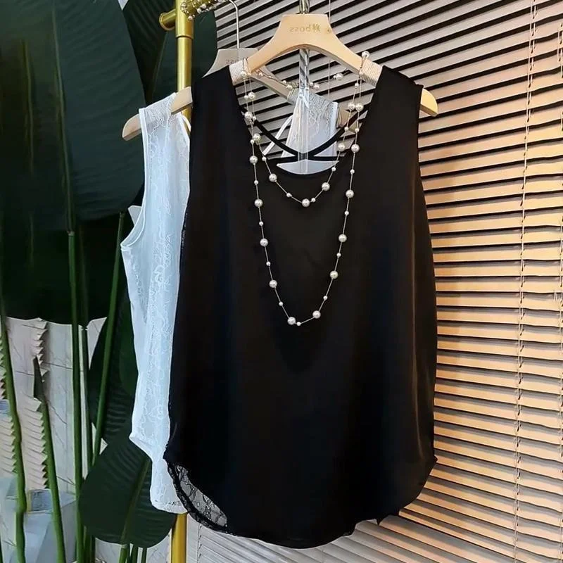 

plus Size 300 Pounds Korean Style Lace Splice Sleeveless Vest Women Summer Thin Medium Length Strapless Top Casual Wear