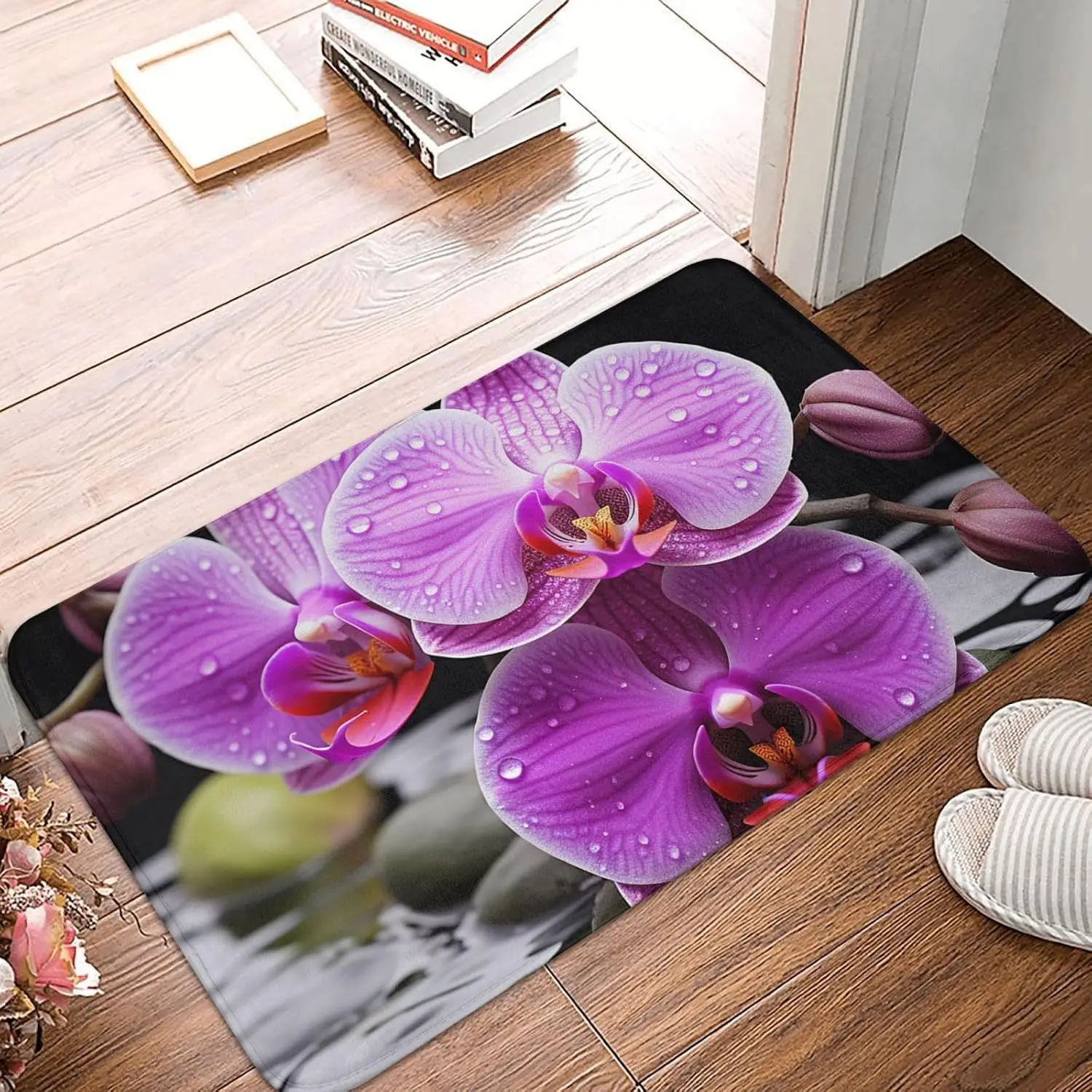 Purple Orchid Flower Door Mat, 3D Butterfly Orchid Floor Mat, Elegant Garden Entrance Rug, Non-slip Washable Bathroom Home Decor