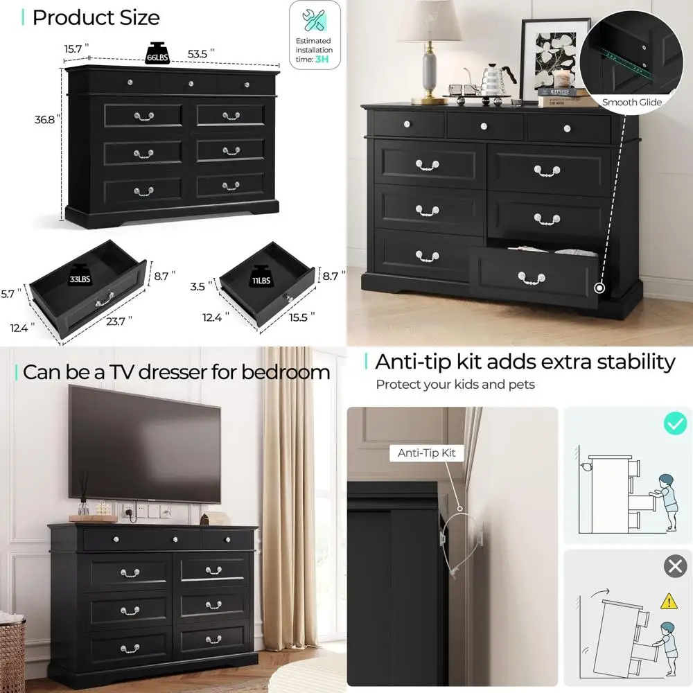 

Комод с 9 ящиками в антикварном стиле с деревянным ящиком для хранения, для детской, гостиной и прихожей, черный