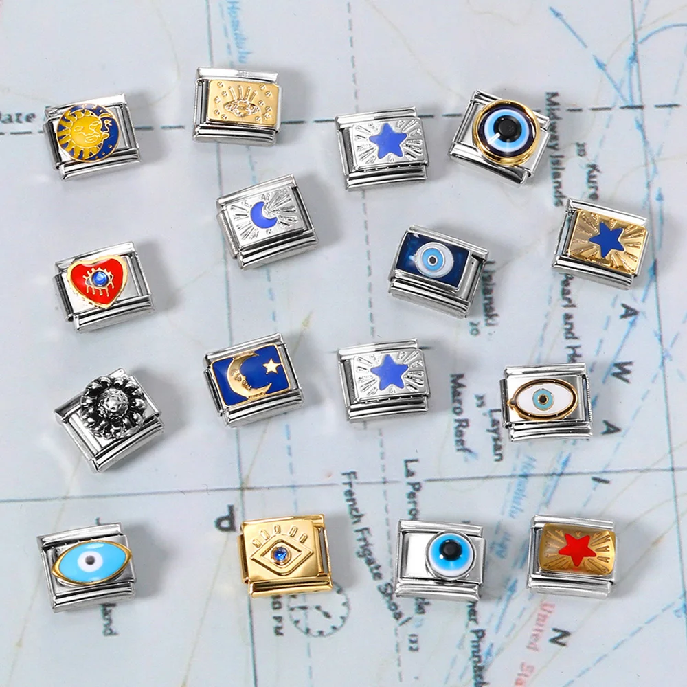 Single Y2K Gothic Demon Eyes Mysterious Sun Moon Star Italian Charm Bracelet Stainless Steel DIY Making Jewelry Accessories