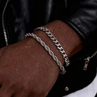 2pcs Men's Chain Bracelets,Stainless Steel Silver Gold Black Color Twist Rope Chain Wristband,Trendy Cuban Link Chains Gift 1