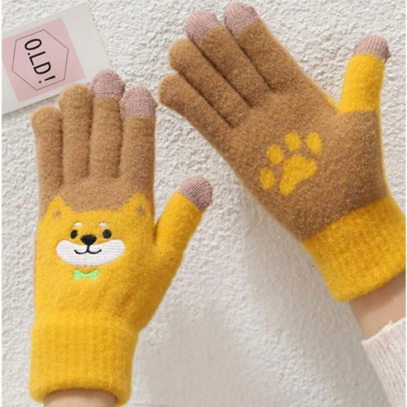 Women Winter Keep Warm Touch Screen Cartoon Shiba Inu Dog Embroidery Elasticity Soft Knitted Gloves Cute Lovely Sweety