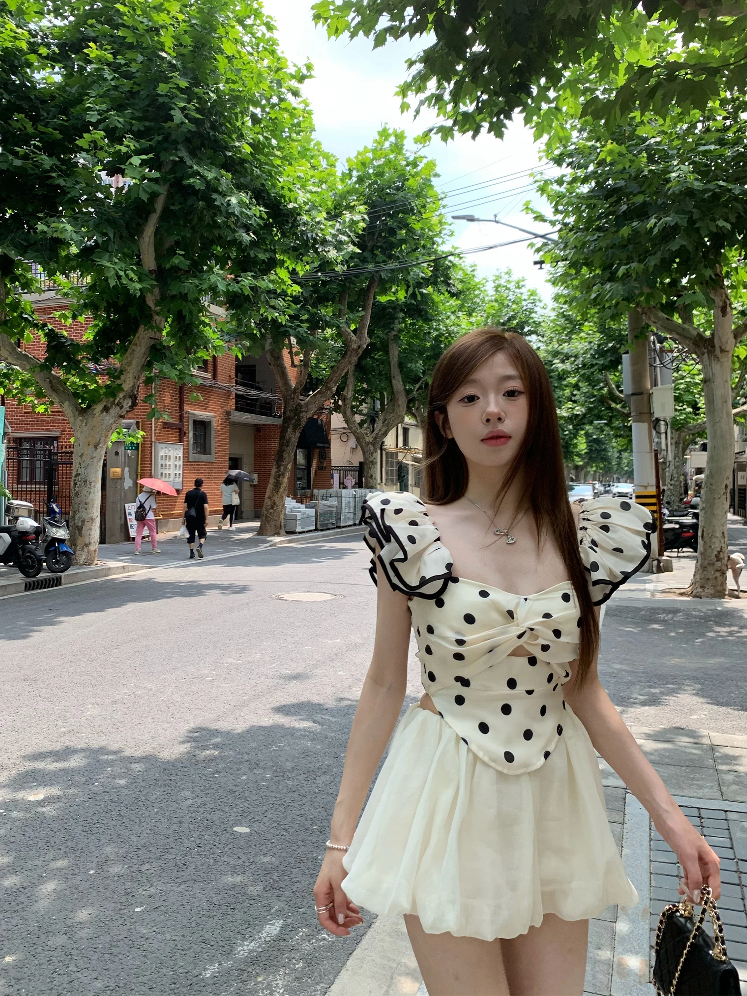 

OKJJ Polka Dot irt Women's ort Sve Detachable Fly Sve Tube Top Summer Faion Commute Sle Slim Fit V Ne Blouse