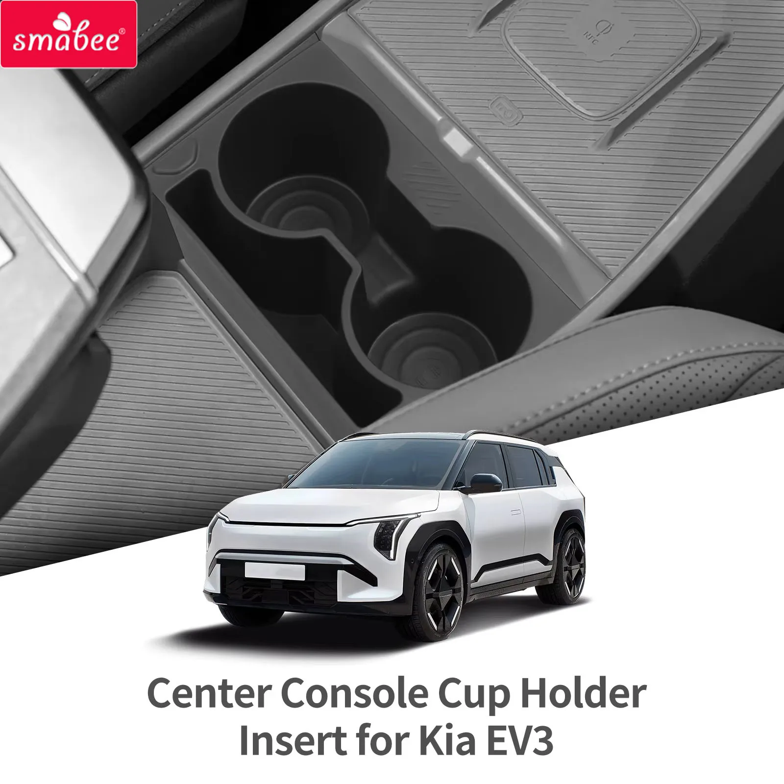 Smabee para Kia EV3 EV4 2024-2026, Suporte para Copos no Console Central, Bandeja de Armazenamento Absorvente de Impactos, Acessórios de Interior para Carro em TPE, Preto