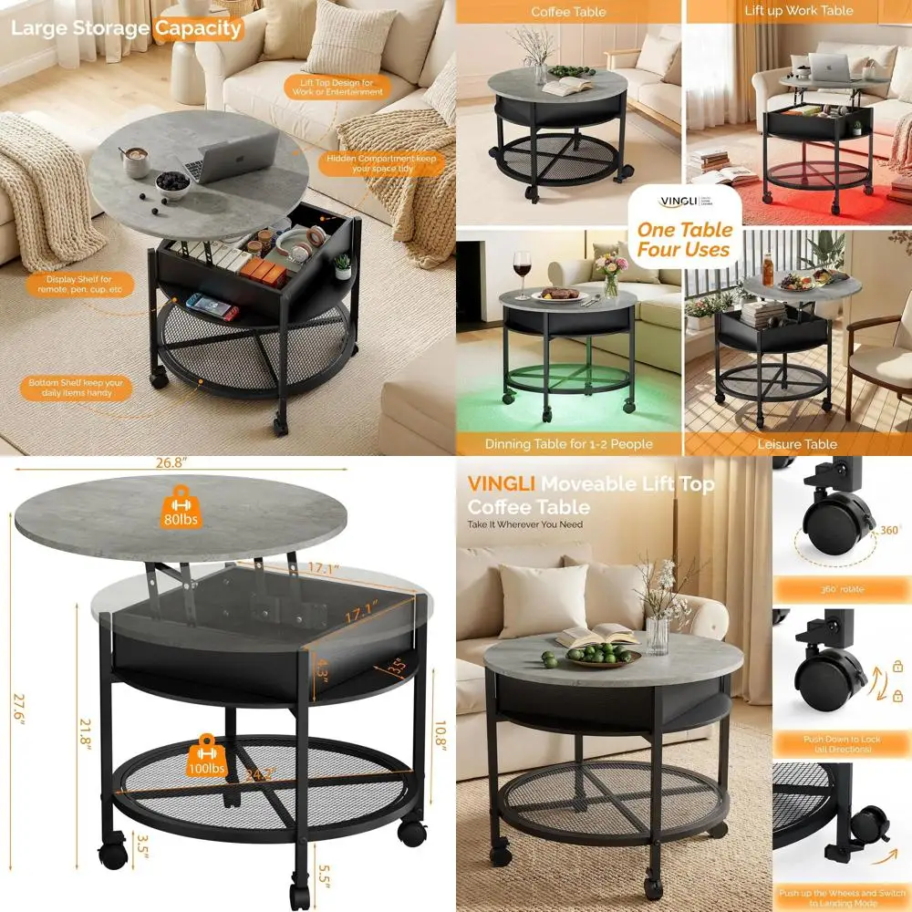 

27 Round Coffee Table with Wheels, Storage Shelf, RGB Lights, Suitable for Living Room, Office, Balcony, Black & Grey