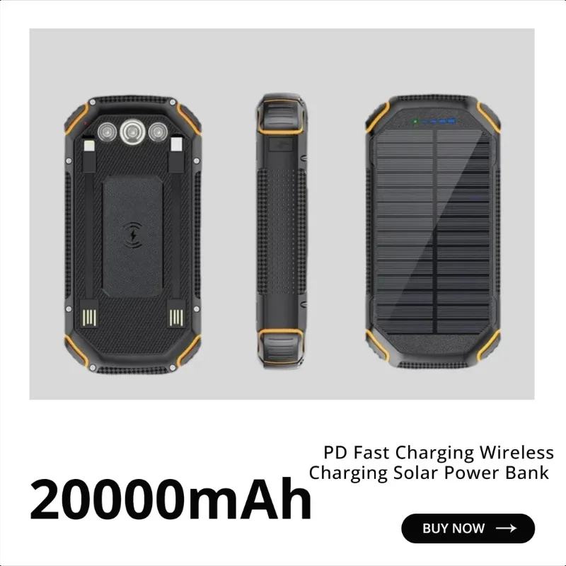 

Outdoor Three-proof 20000mAh PD Fast Charging Wireless Charging Solar Power Bank Portable Mobile Power Supply for Mobile Phones