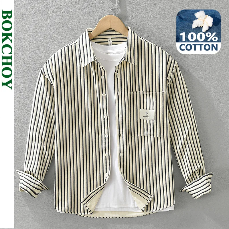 2024 Autumn New Casual Striped 100% Cotton Shirts for Men Clothing Big Pocket Soft Long Sleeve Men Shirts CM8902