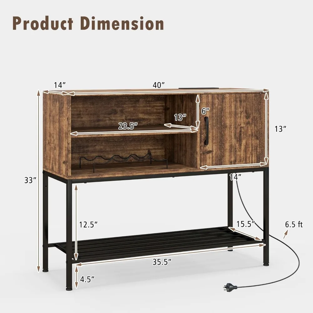 Buffet Cabinet with Power Outlets & USB Ports, Wooden Coffee Bar Cabinet, 4-Bottle Wine Rack, and Shelves for Kitchen Sideboard