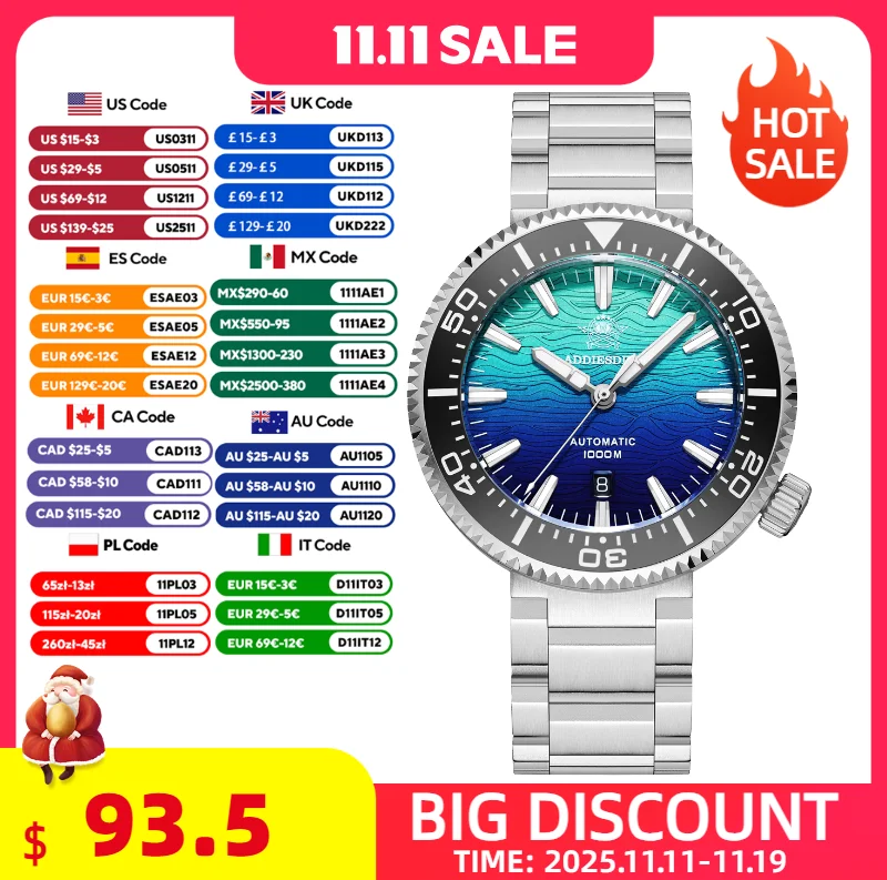 ADDIESDIVE Automatic Man Watch 1000m Waterproof Sapphire Glass Luminous Ceramic Bezel Diving Stainless Steel Watches For Man