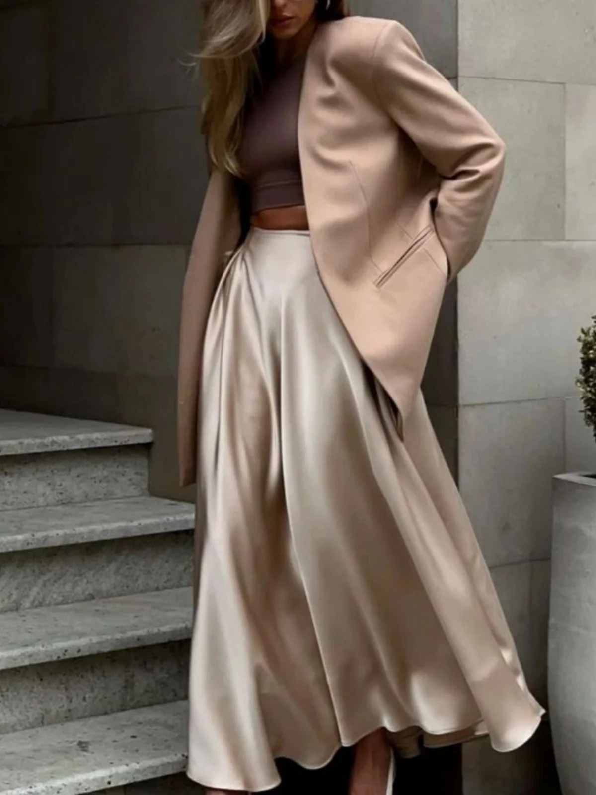 

Ele High-Waisted Color Blo Street Sle Skirt A-Line Silhouette Polyester Spandex Blend Summer Collection