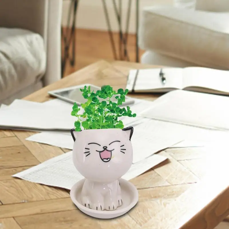 Ceramic Flower Pot Cute Cat Succulent Plant Decorative Porcelain Animal Cat Flower Pots Home Garden Decor Base Tray For Desktop