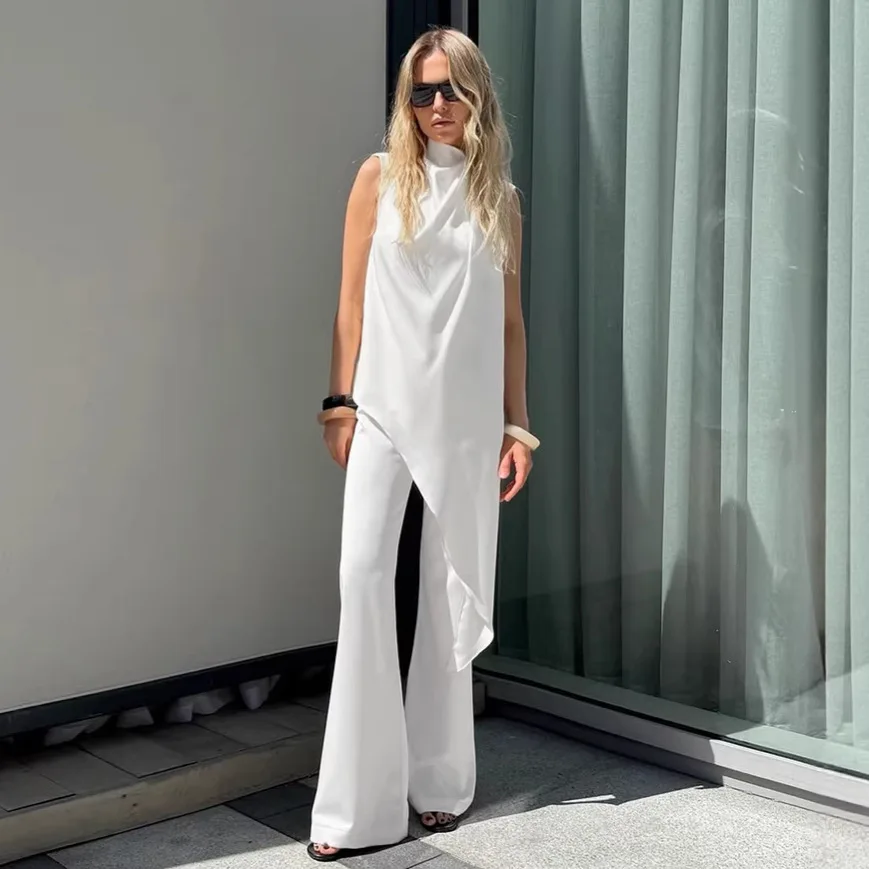

White Two Piece Set Women Elegant Asymmetric Drape Sleeveless Top And Wide Leg Pants Sets 2026 Summer Chic Quiet Luxury Outfits