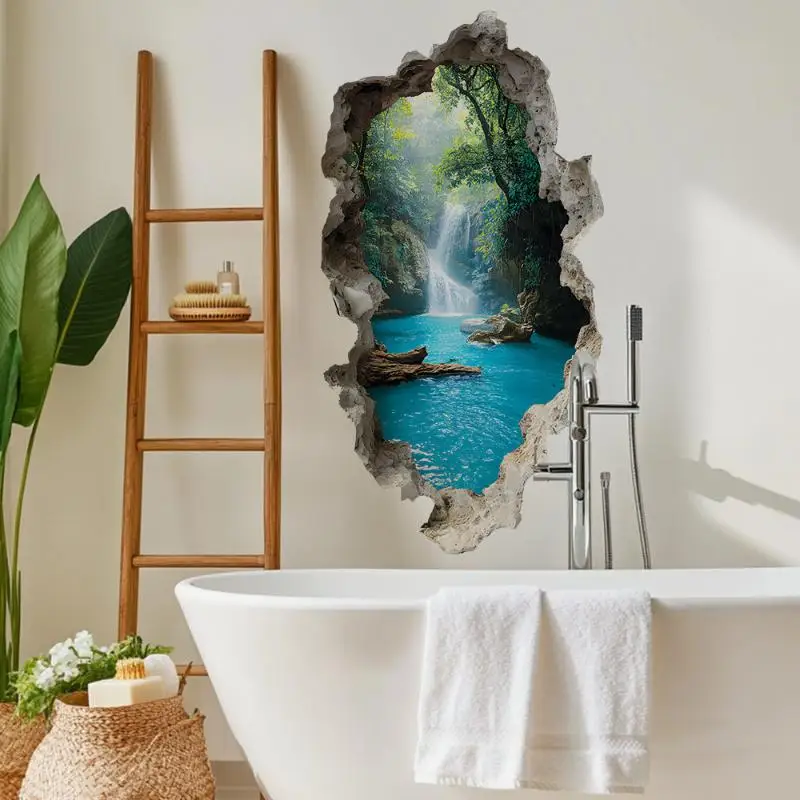New Creative Hole Valley Waterfall Scenic Wall Stickers Landscape Wall Stickers Bedrooms Room Bathroom Home Decoration Stickers