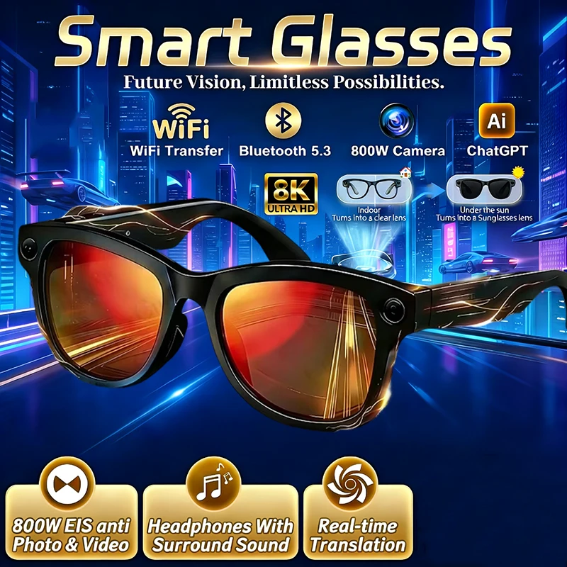 800W Camera Glasses Bluetooth Smart Glasses with Camera Voice Call Music Smart Sunglasses Video Sound Record AI Mototcycle Glass