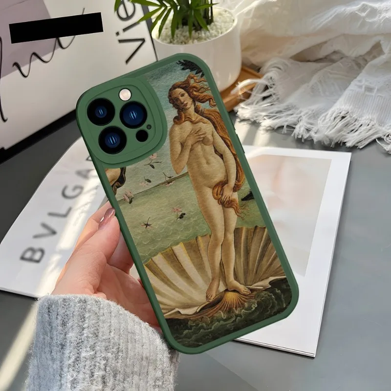 Art Painting The-Birth-Of-Venus Phone Case Green For IPhone 14 11 13 12 Pro Max Mini Xs X Xr 7 8 Plus SE2020 Leather Texture