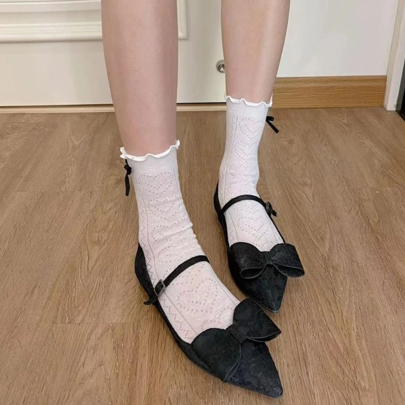 

Japanese Bowknot Socks Mid-Tube Socks Cotton Socks Lettuce Trim Socks Lovely-Hollow Heart Socks for Women Girls 15UB