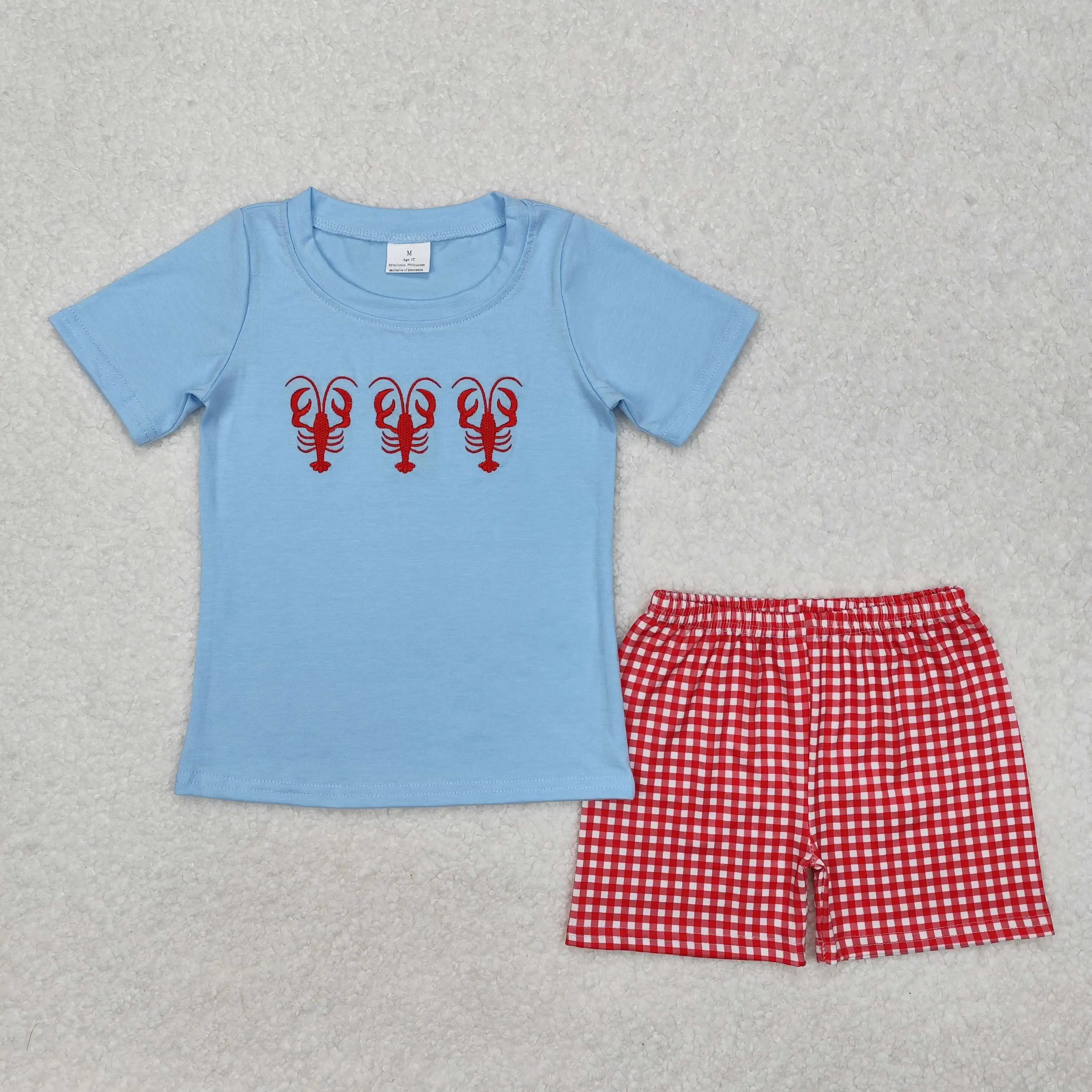 Wholesale Baby Boy Short Sleeves Embroidery Crawfish Summer T-shirts Red Checked Shorts Set Kids Children Toddler Infant Outfit