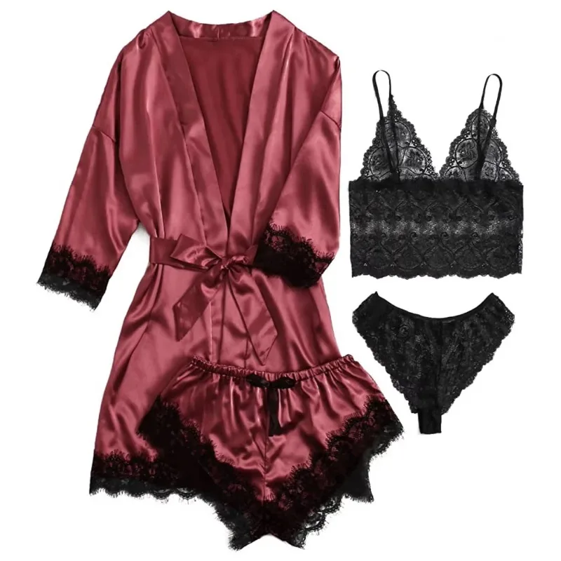 

Women's 4 Piece Lace Trim Pajama Set Satin Robe with Cami Top and Shorts Elegant Loungewear Sleepwear