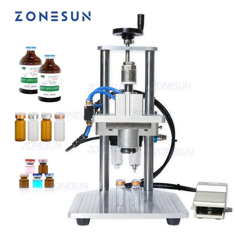 ZONESUN Pneumatic Penicillin Oral Liquid Aluminum Plastic Glass Bottle Vial Capper Crimper Capping Machine