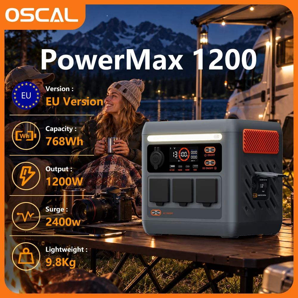 Oscal Powermax 1200 Stazione di Alimentazione Portatile 768Wh Batteria di Backup Lifepo4 Generatore Solare 1200W Onda Sinusoidale Pura UPS Ricarica Rapida 10 Prese per Campeggio, Camper, Casa,