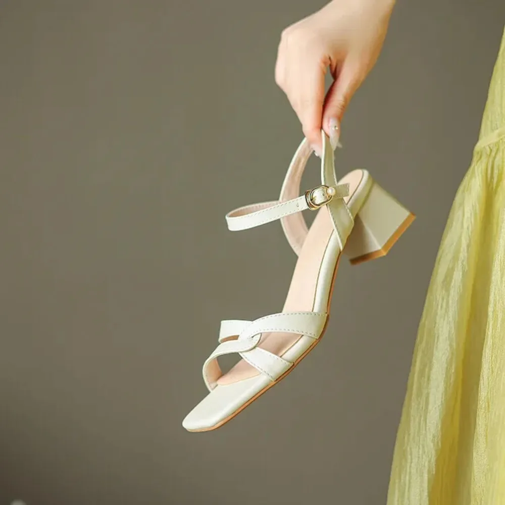 

Summer New Styles Fashion High-heeled Women's Sandals Solid Color PU Korean Style Buckle Square Heel Women's Sandals High 4.5cm