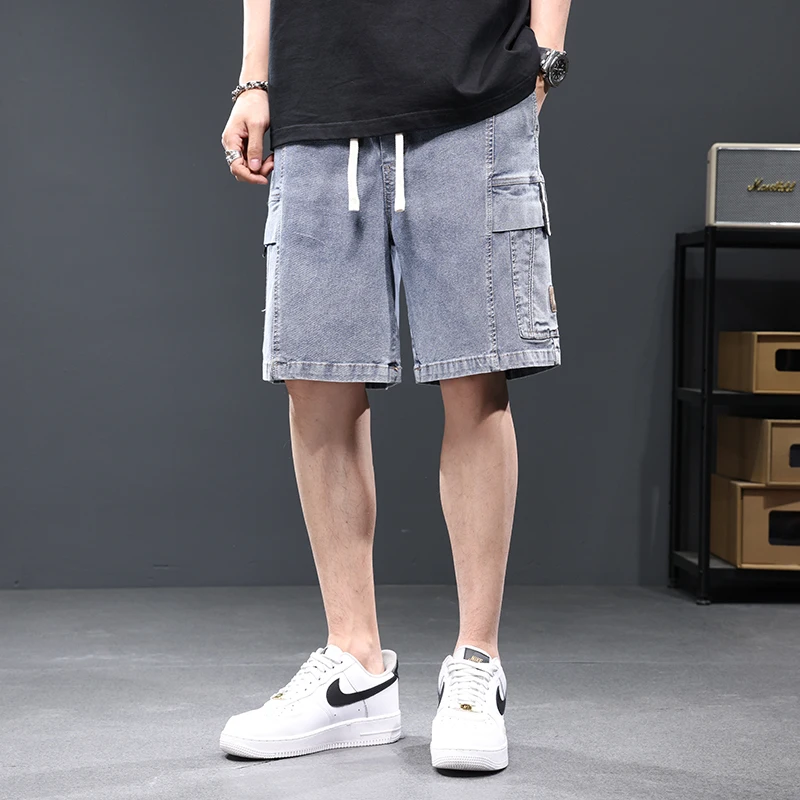 

Denim shorts for men American casual gray workwear pants for men with loose elastic waist and straight leg shorts size to 8XL