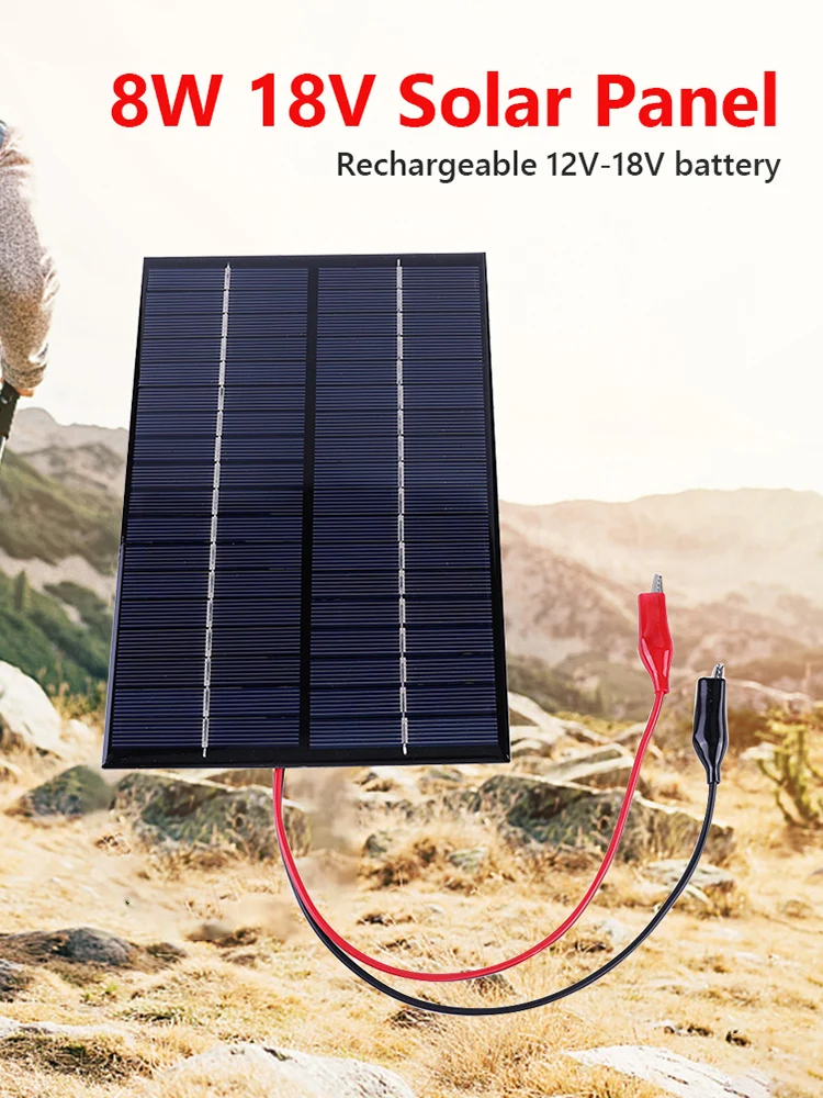 8W 18V Portable Solar Panel with Clip Solar Charging Panel Solar Battery Charger for Outdoor Camping for 12-18V Battery Charging