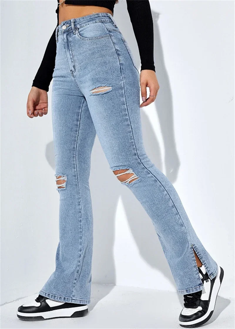 2024 New Autumn Women's High Waist Ripped Leg Slit Jeans Fashion Slim Fit Stretch Denim Pants Straight Leg Y2K Casual Trousers