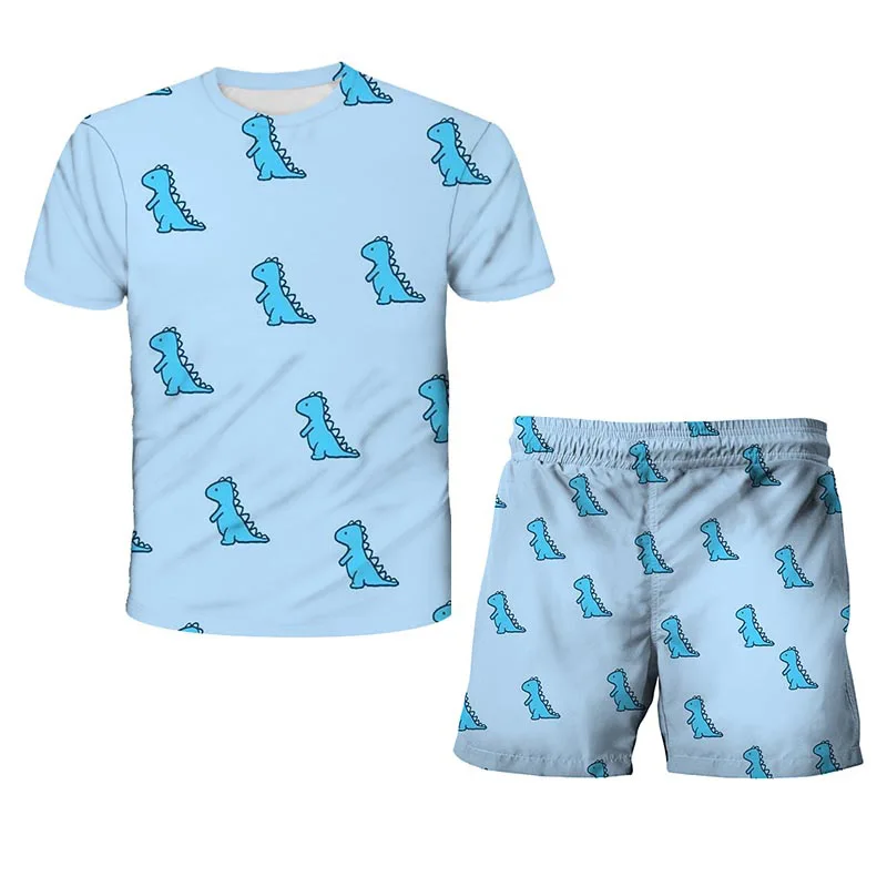 Dinossauro de Mangas Curtas Infantil 3D Impresso Digital 2 Piece Set, Pulôver de Pescoço Redondo, Personalizado, Casual, Verão