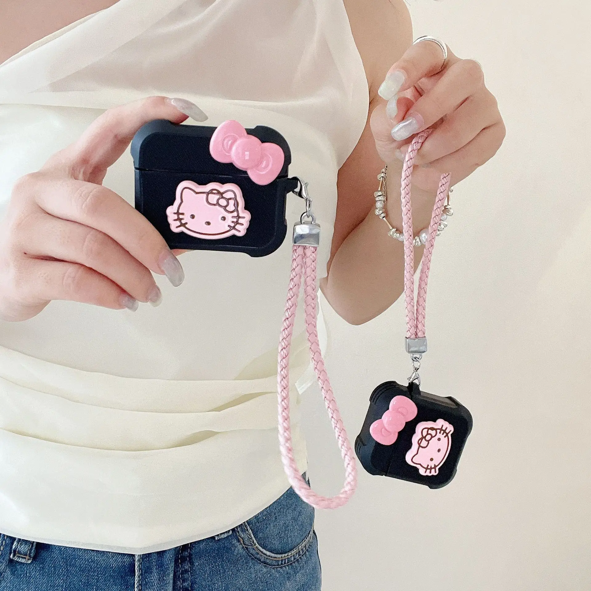 

Hello Kitty Bow Bluetooth Protective Earphone TPU Cover For Airpods Pro 2 Case For Girls Women Kids Funda With Lanyard