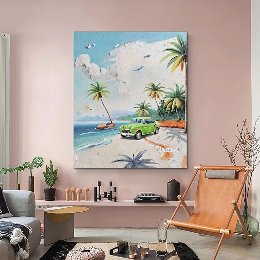 

Cartoon Canvas Wall Picture Hand-painted Beach Seascape Oil Painting People In Holiday Canvas Paintings Knife Wall Acrylic Art