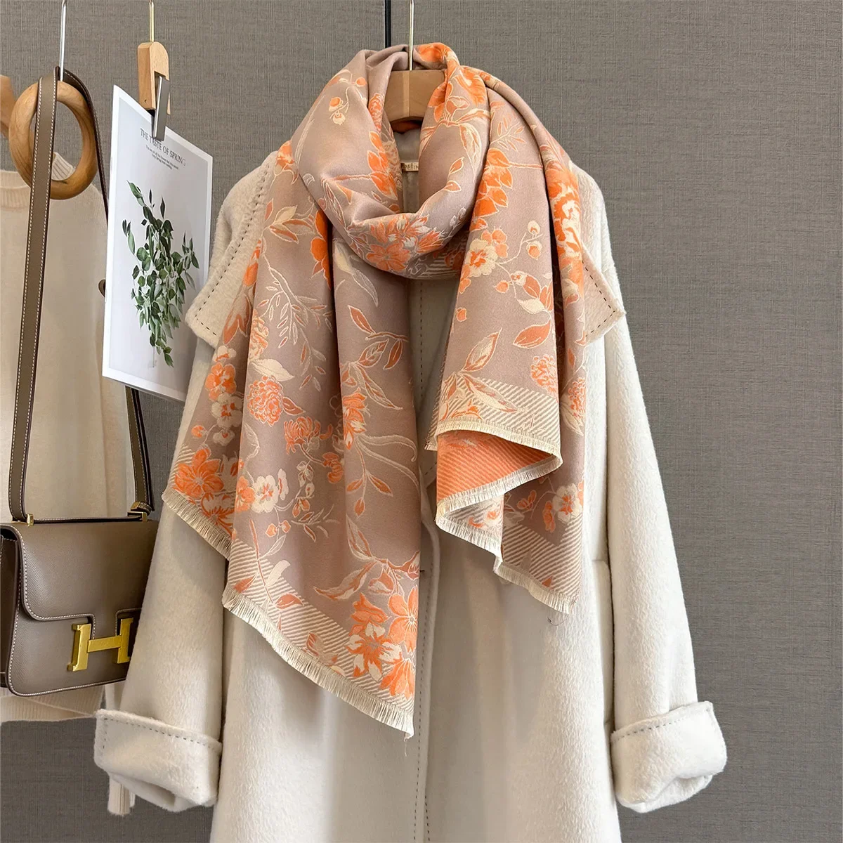 

65*185 см зимний теплый шарф для женщин, утолщенная шаль из пашмины с кисточками, искусственный кашемир, осеннее элегантное женское одеяло с цветочным принтом