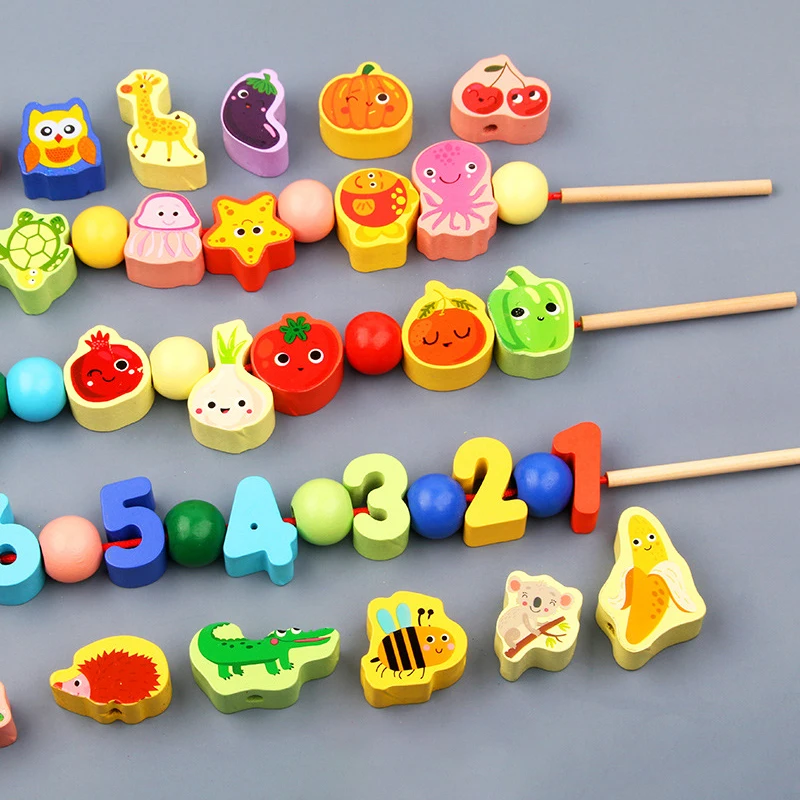 DIY Wooden Toys Baby Kids Color and Shape Learning Early Education Cartoon Animal Fruit Geometry Block Stringing Beaded Toys