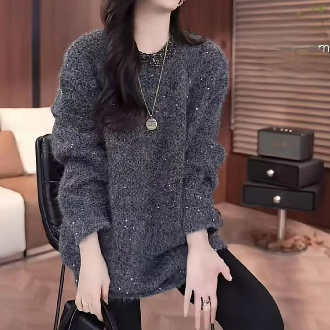 

Fashion Autumn Winter New All Match Sequin Design Knitted Long Sleeves Pullovers Women Cashmere Soft Loose Sweater F429