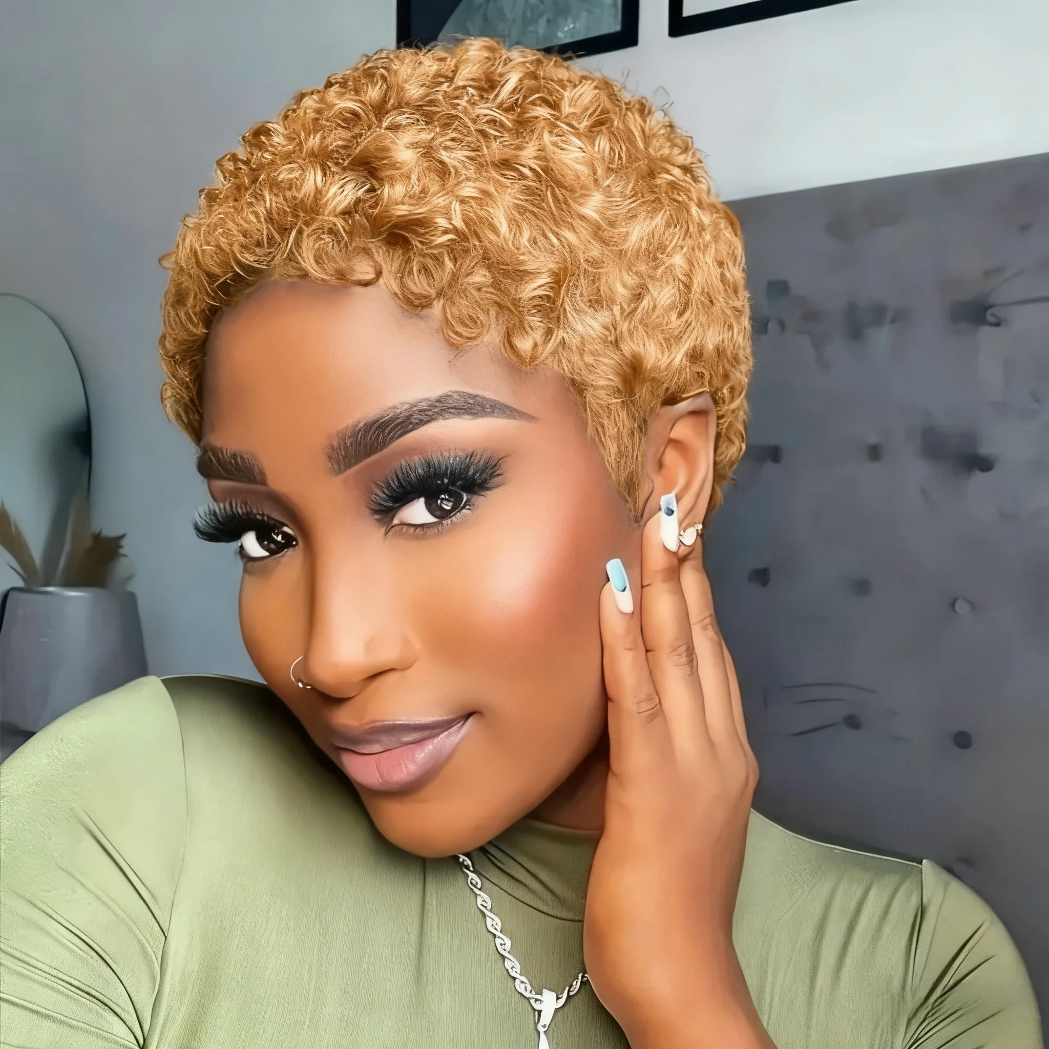 

Короткие вьющиеся парики из натуральных волос для женщин, парик с стрижкой пикси, бразильские парики, полностью машинный парик, подходящий для повседневного использования