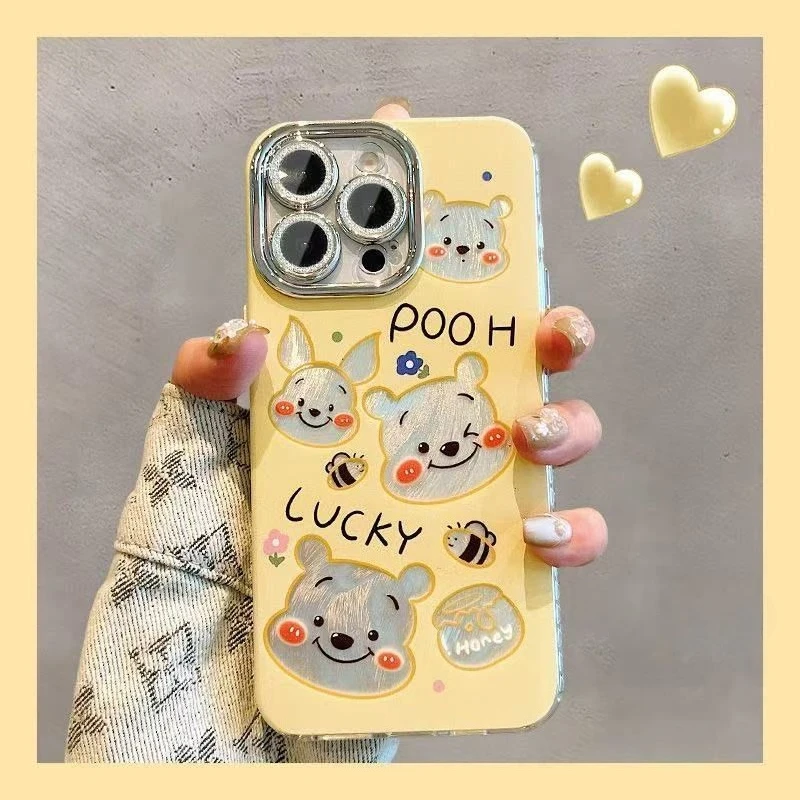 くまのプーさんのかわいいスマホケース iPhone16pro/16ProMax/15/15Pro用 レンズフィルム付き 高級感