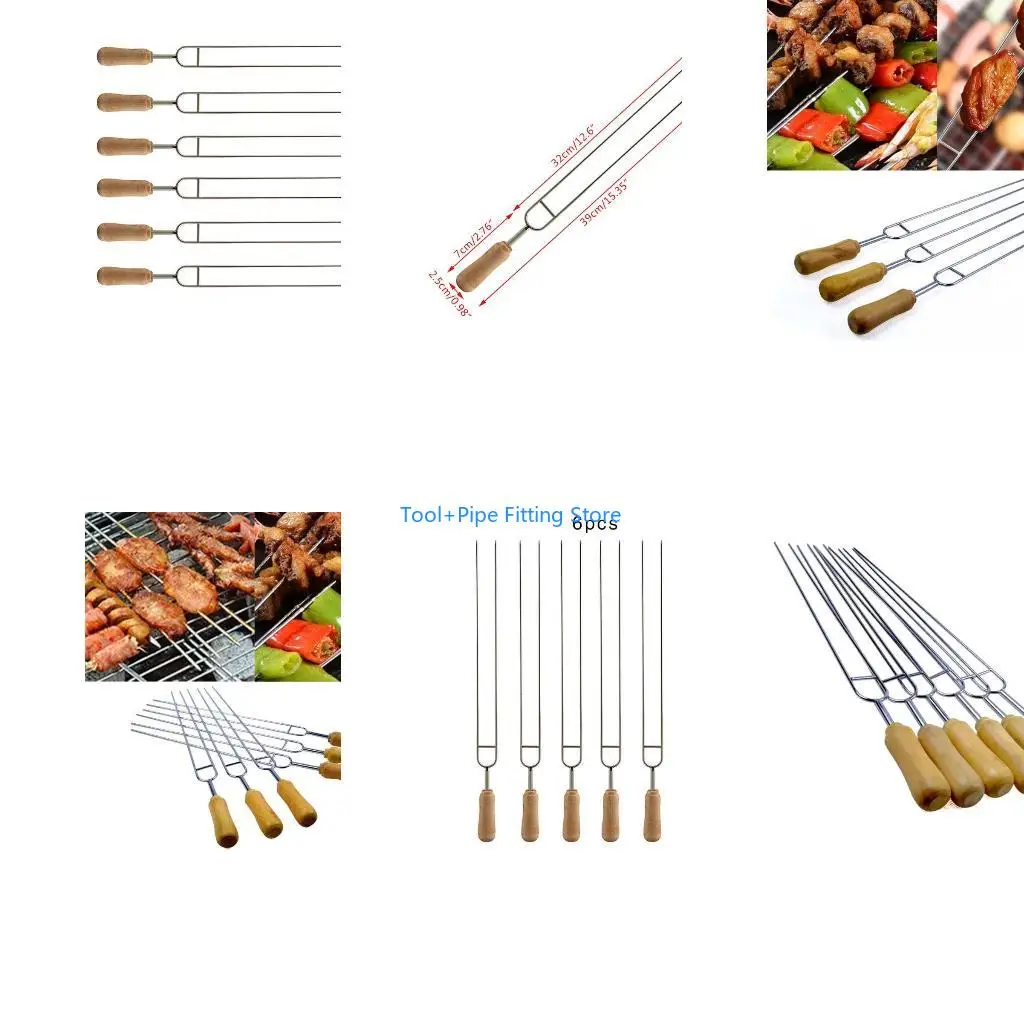 F92B 6pcs Stainless Steel U-Shaped Barbecue Brazing Fork Needle Grilling Skewers BBQ Tools