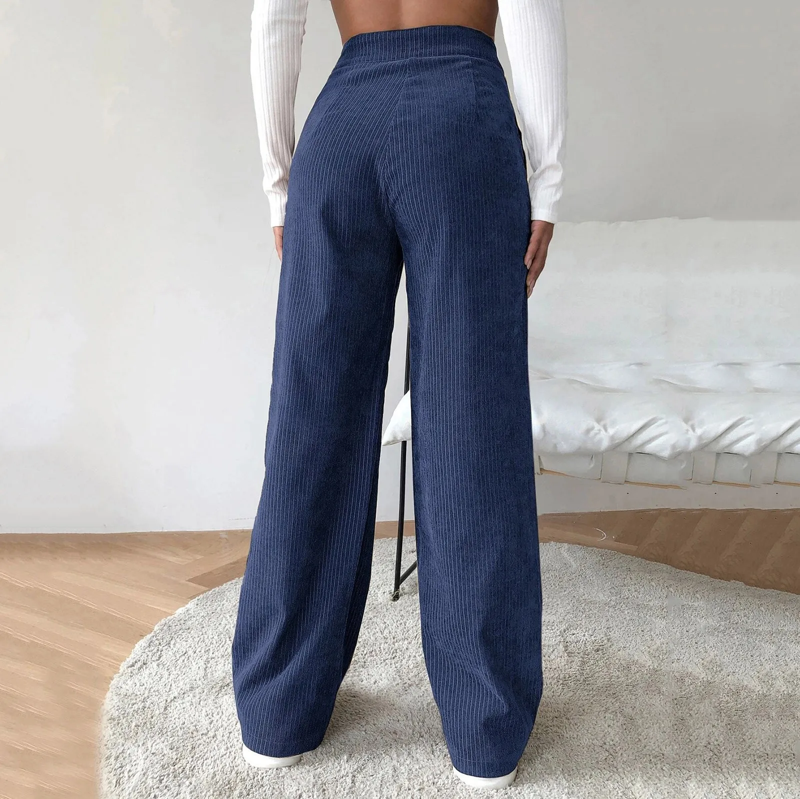 Novas mulheres plus size calças de veludo cintura alta cordão perna larga calças casuais feminino cor sólida escovado acolchoado pant