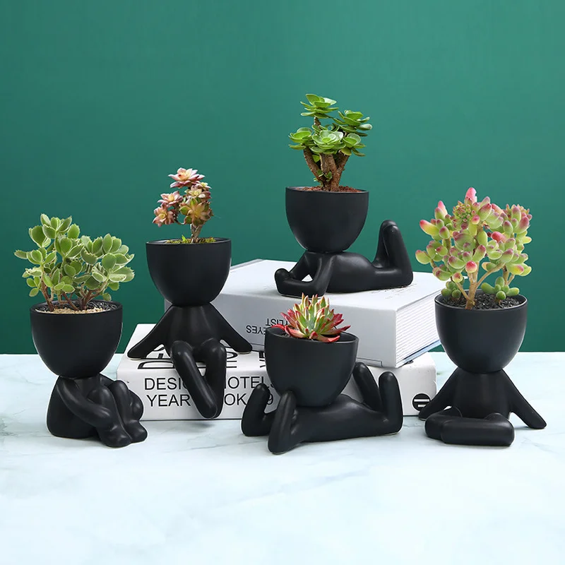 Creative Black Figure Flower Pot Plant Cactus Potted Abstract Ceramic Figure Flower Pot Figurine Coffee Table Living Room Decor