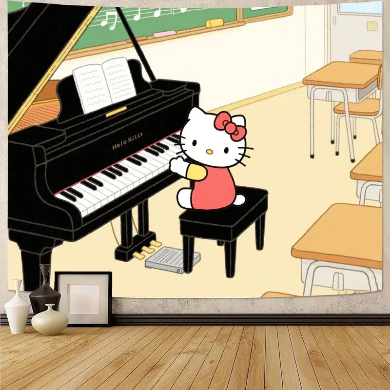 

1 шт. Sanrio Hello Kitty играющий на пианино гобелен Kawaii музыка класс настенное искусство эстетический декор для спальни в общежитии подарок для фанатов